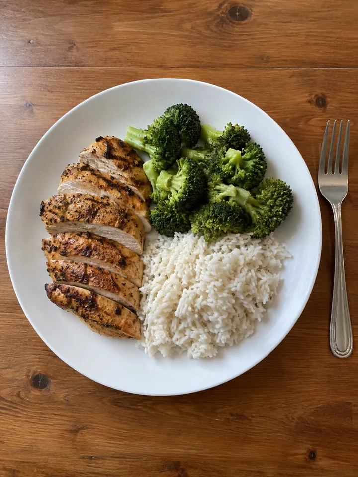 A plate of grilled chicken, broccoli and rice, photographed from above.