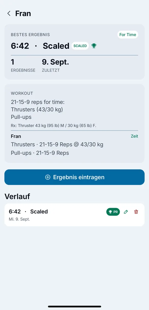 Das Benchmark-WOD Fran mit dem besten Ergebnis 6:42 Scaled und dem 21-15-9-Workout darunter.