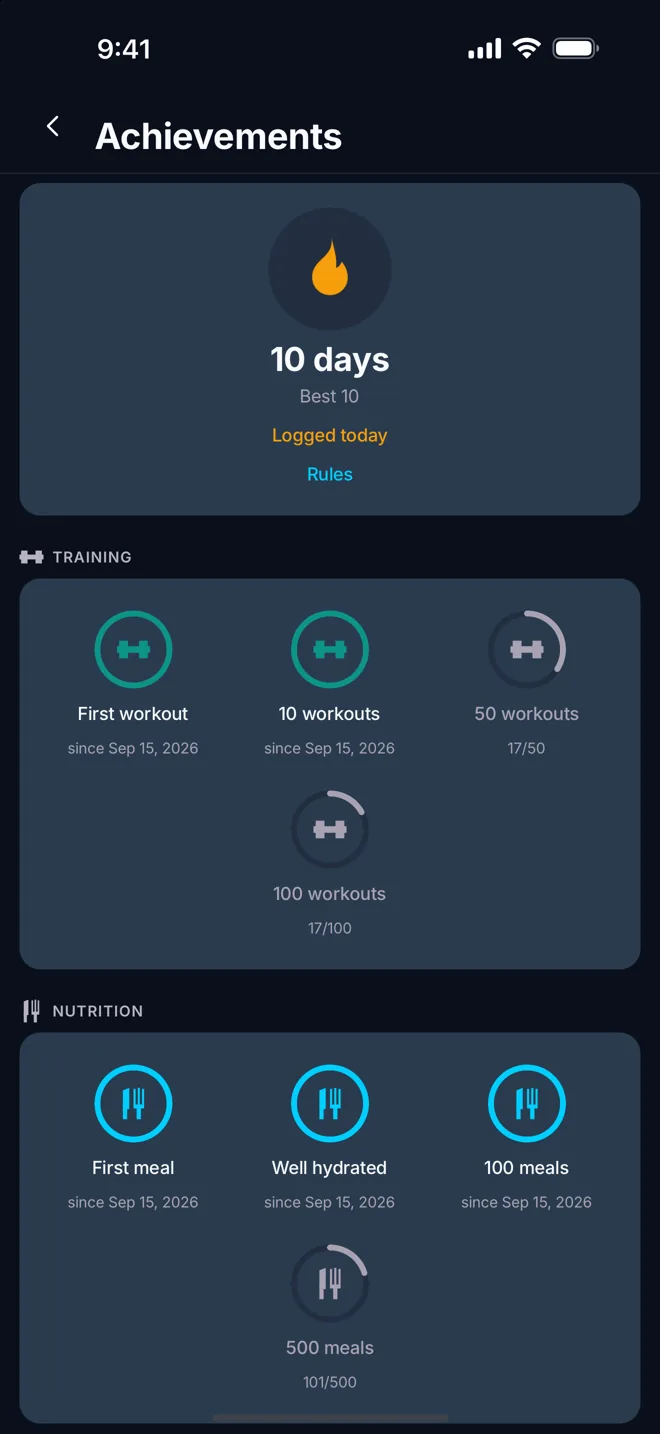 Achievements: a 10-day streak and the badges earned for training and nutrition.