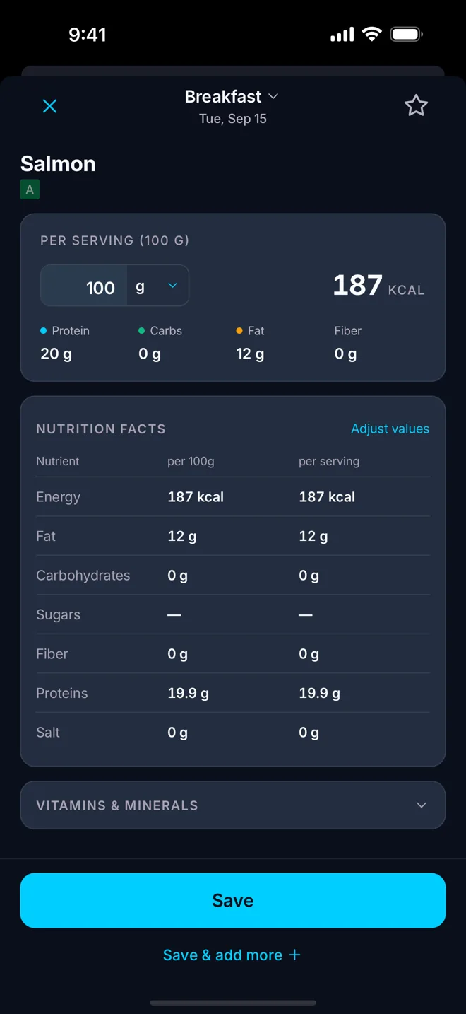 La scheda di un alimento con la tabella nutrizionale completa, per 100 g e per porzione.