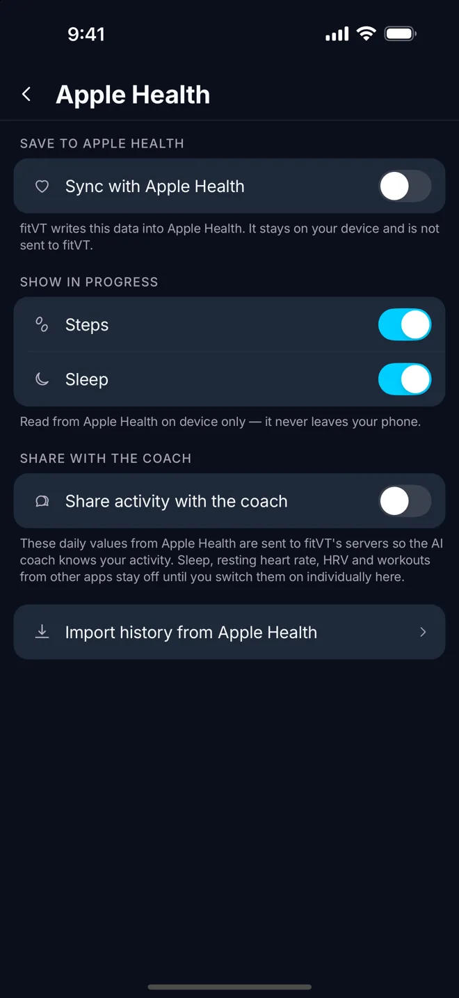Apple Health settings: steps and sleep shown in progress, sharing activity with the coach switched off.