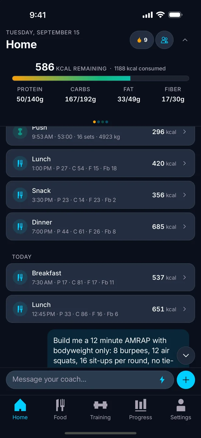 The FitVT AI Home screen: today's calories, macros and the day's training.