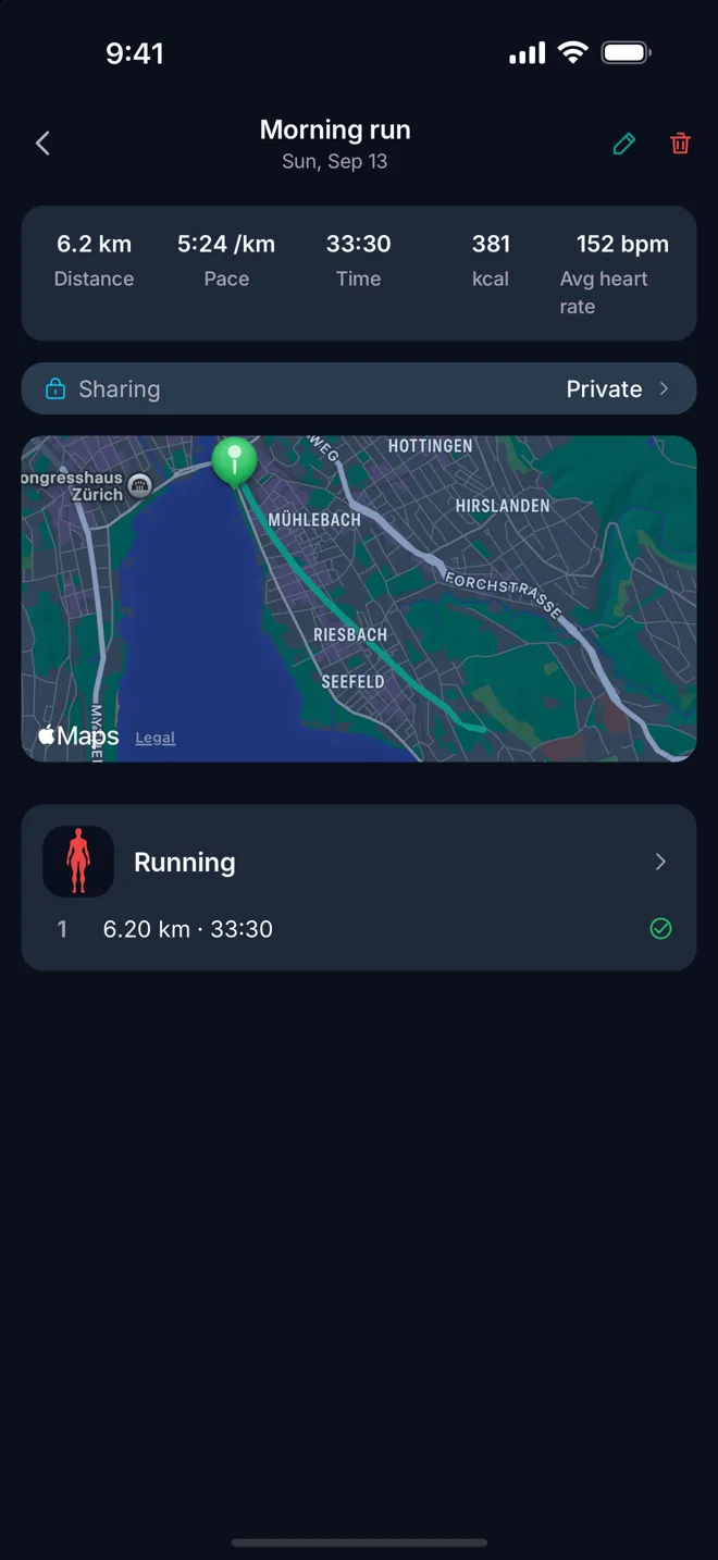 Una corsa conclusa con la mappa, il ritmo, la distanza e la frequenza cardiaca media.