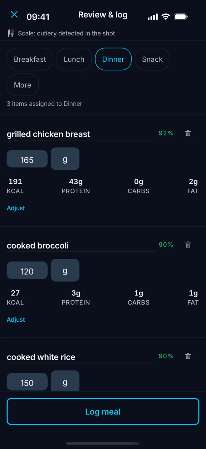 Review and log screen after a photo scan: grilled chicken, broccoli and rice with grams and macros.