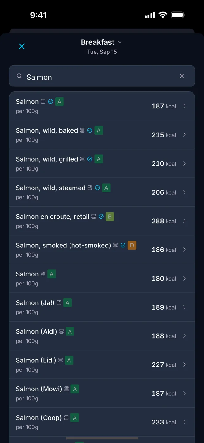 Food search results with calories per 100 g for each product.
