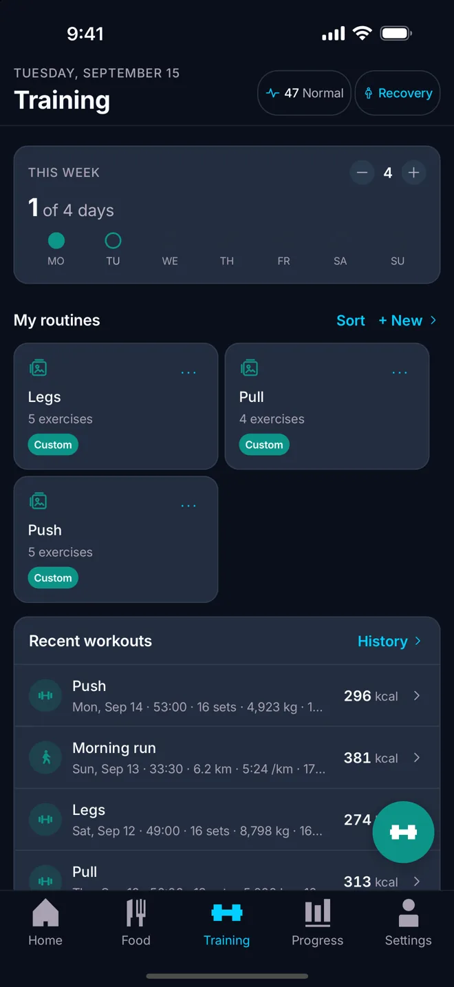 A live workout with sets, weights and the rest timer running.