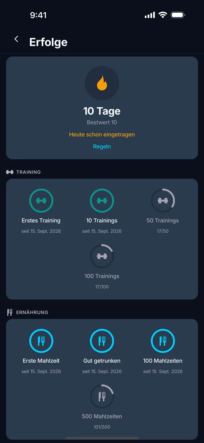 Erfolge: eine 10-Tage-Serie und die Abzeichen für Training und Ernährung.