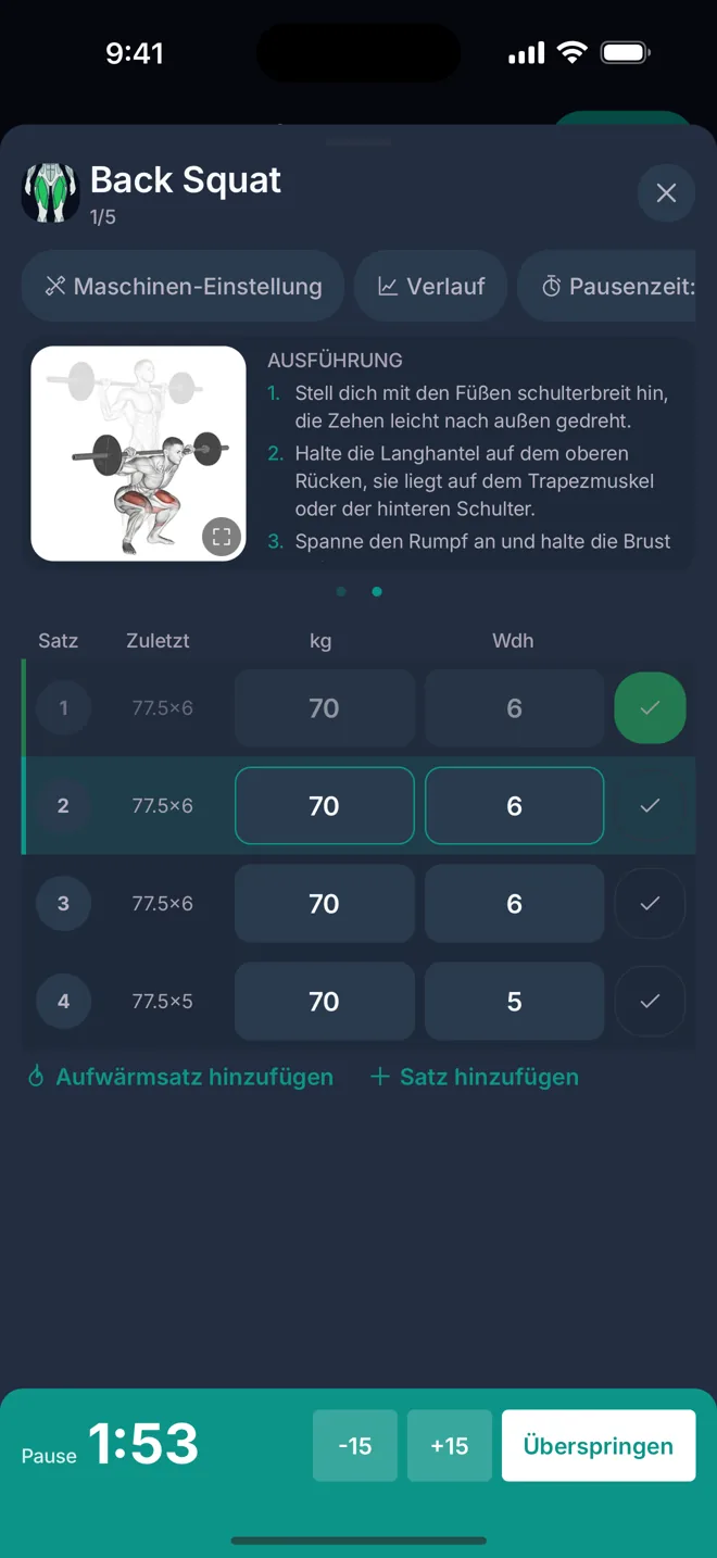 Eine Animation zur Ausführung einer Übung mit den Bewegungshinweisen.