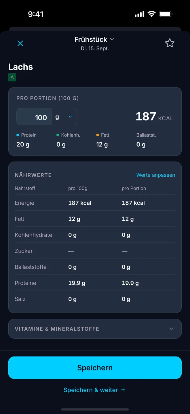 Ein Lebensmittel-Eintrag mit der vollständigen Nährwerttabelle pro 100 g und pro Portion.