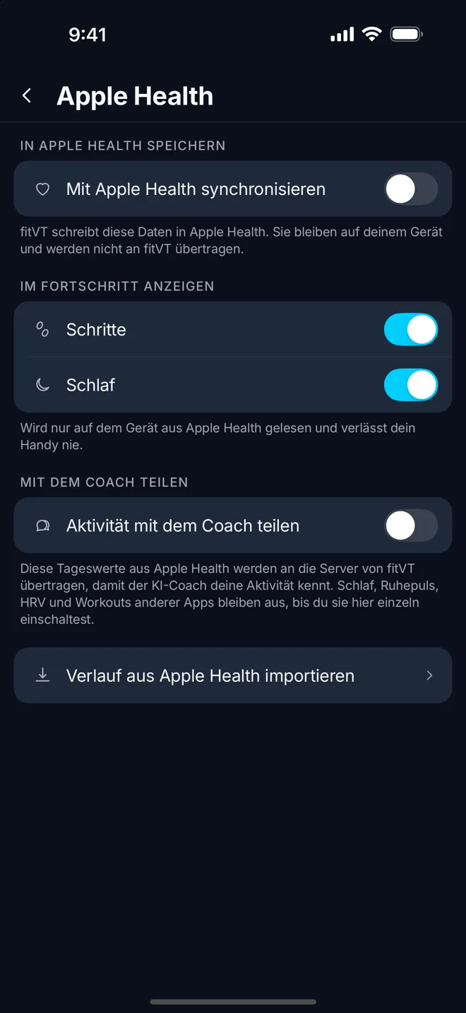 Apple-Health-Einstellungen: Schritte und Schlaf im Fortschritt, Aktivität mit dem Coach teilen ist ausgeschaltet.