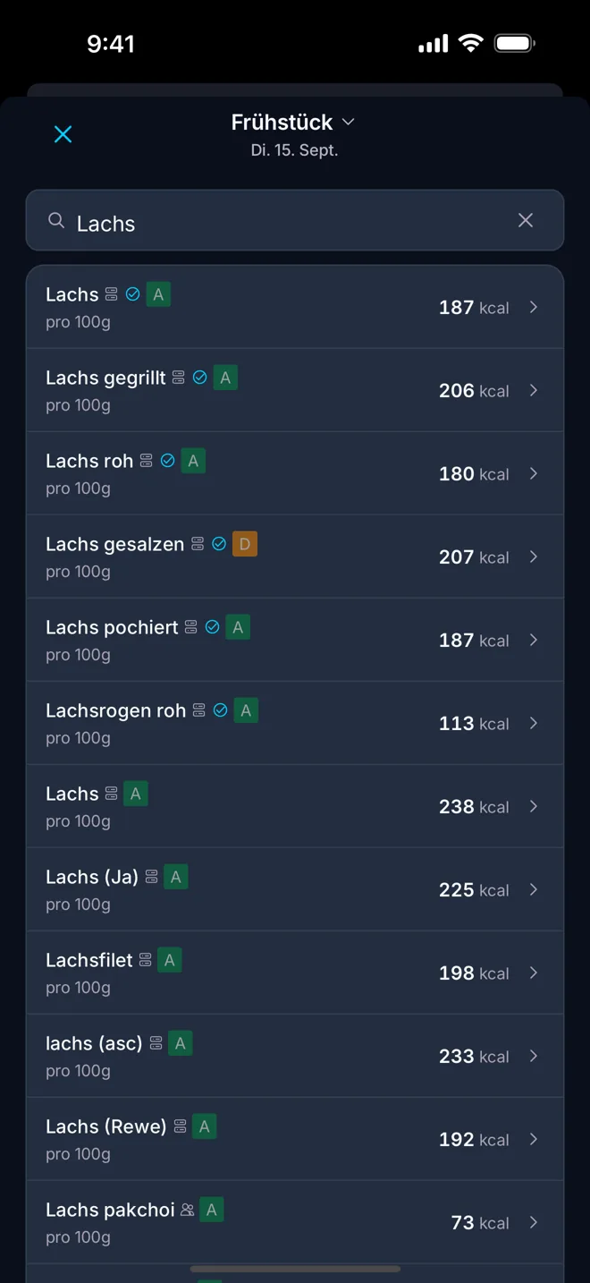 Ergebnisse der Lebensmittelsuche mit Kalorien pro 100 g je Produkt.