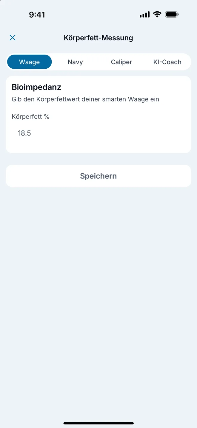 Körperfettmessung mit vier Methoden: Waage, Navy-Formel, Caliper und KI-Coach.