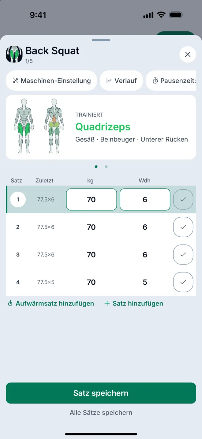 Die Satztabelle für Back Squat mit den Gewichten vom letzten Mal.