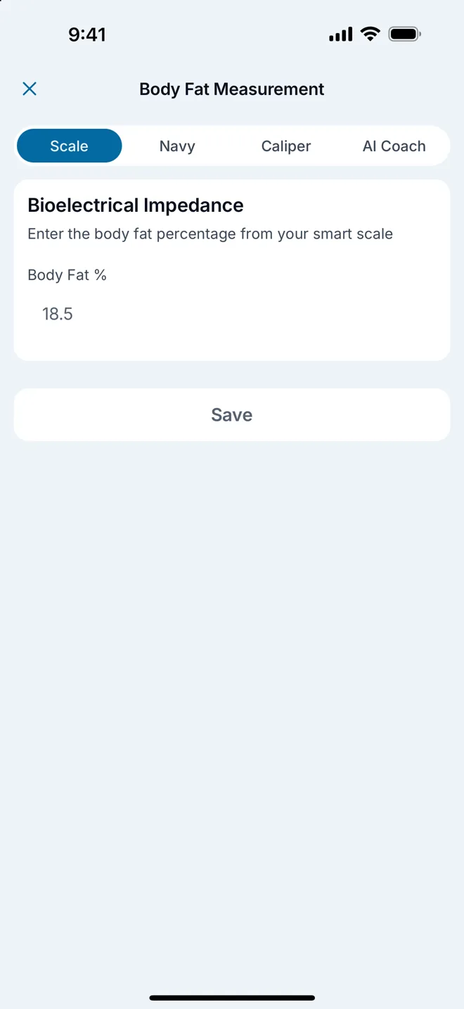 Body fat measurement with four methods: scale, Navy formula, caliper and AI coach.
