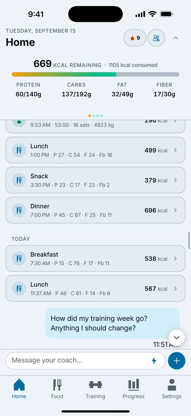 The FitVT AI Home screen: today's calories, macros and the day's training.
