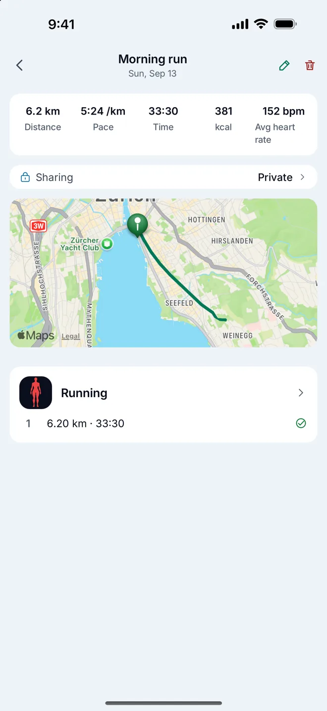 A GPS run in progress with the live map, pace and distance.